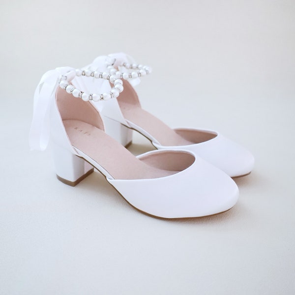 Petites filles en satin blanc avec bride cheville et perles, chaussures fleur pour filles, chaussures d'anniversaire, talons blancs pour mariage, petites filles