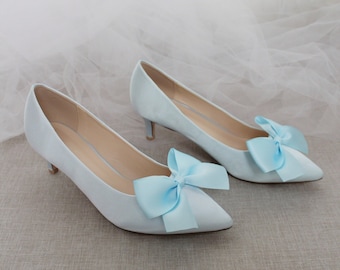 LIGHT BLUE SATIN Pointy Toe Pump Low Heels with Satin Bow, Women Wedding Shoes, Bridesmaids Shoes, Bridal Shoes, Women Heels