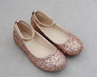 Rose Gold rock glitter ballet flats with Ankle Strap - Flower Girl Shoes, Holiday Shoes, Infant and Toddler Shoes, Fall Girls Shoes