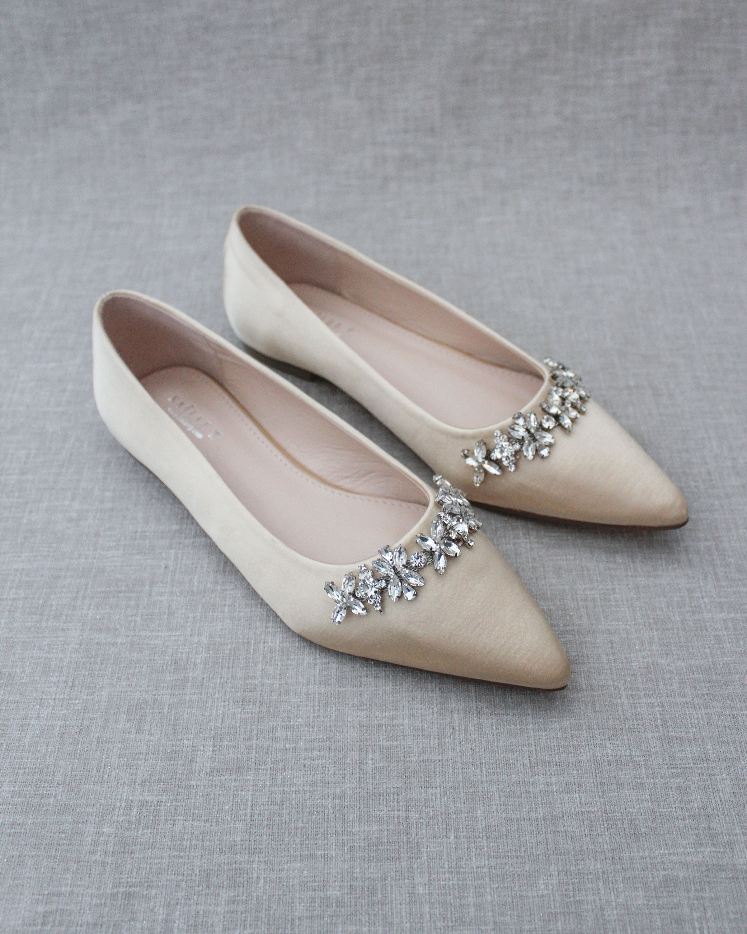 Champagne Satin Pointy Toe Flats with FLORAL RHINESTONES - Etsy 日本