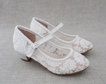 White Lace Mary Jane Heels With Mini Pearls Flower Girl Shoes