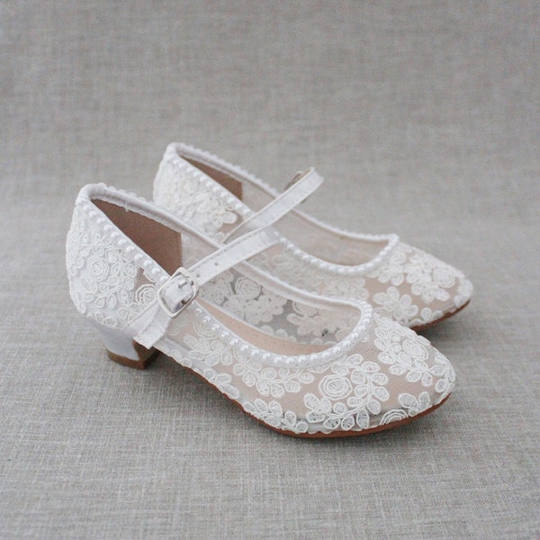 White Lace Mary Jane heels with Mini Pearls - Flower Girl shoes, Baptism and Christening Shoes, Girls Lace Heels