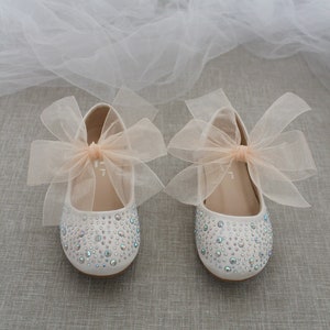 Soft Blush Satin Mary Jane Flat With CHIFFON BOW and Rhinestones, Fall ...