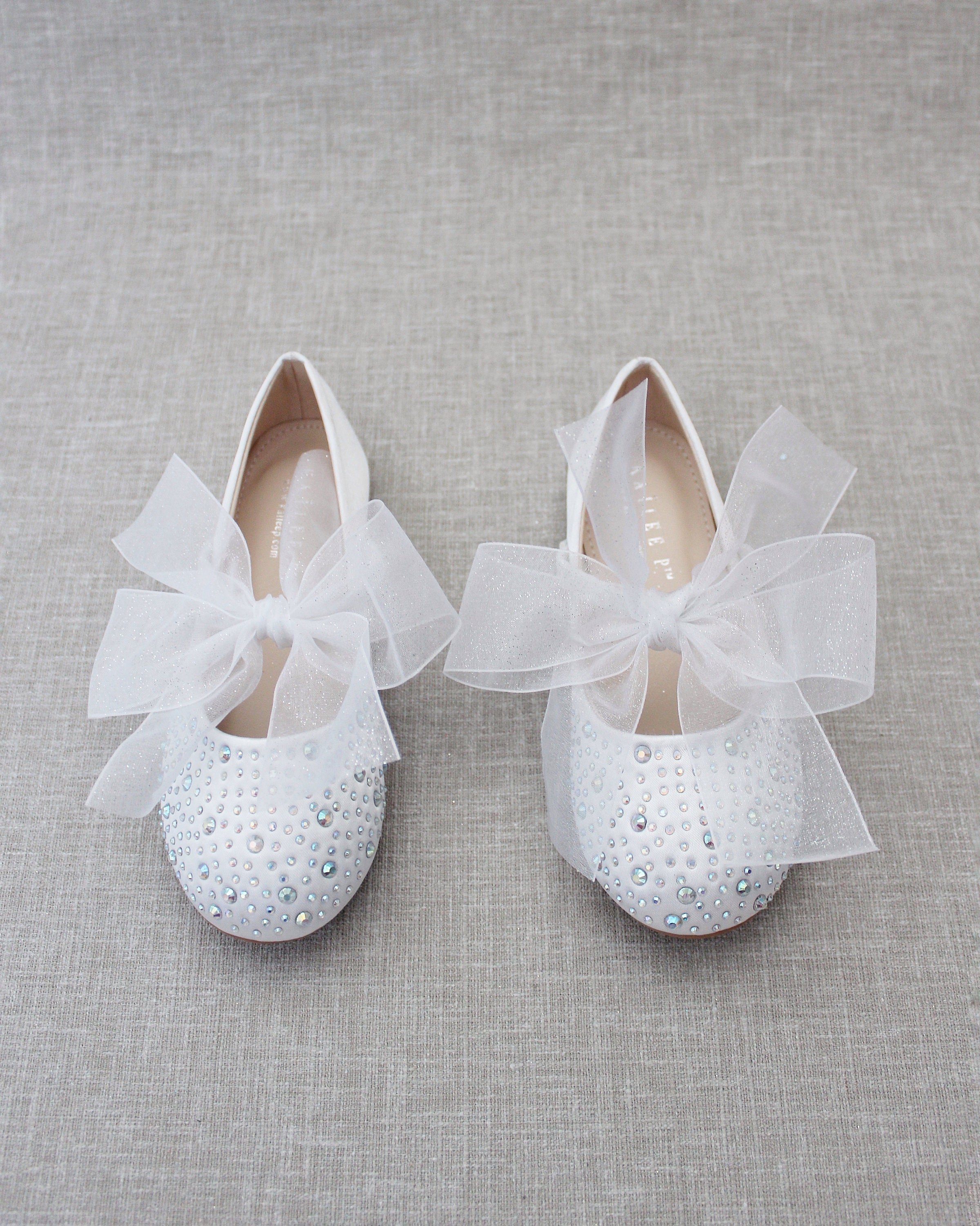 White Satin Mary Jane Flats With White CHIFFON BOW and Rhinestones- for ...