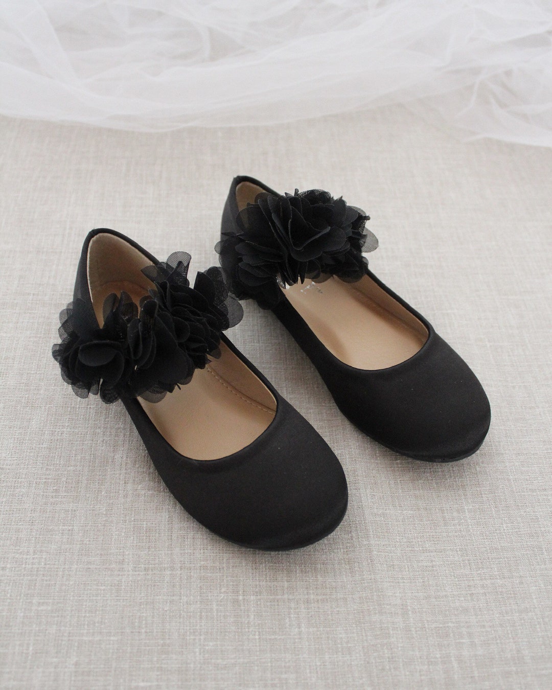 Black Satin Mary Jane Shoes With CHIFFON FLOWERS Flower Girl - Etsy