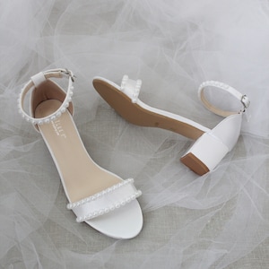 Women & Kids Shoes White Satin Block Heel Sandal with PEARLS, Women Sandals, Wedding Sandals, Flower Girls Shoes, Mommy and Mini Shoes image 3