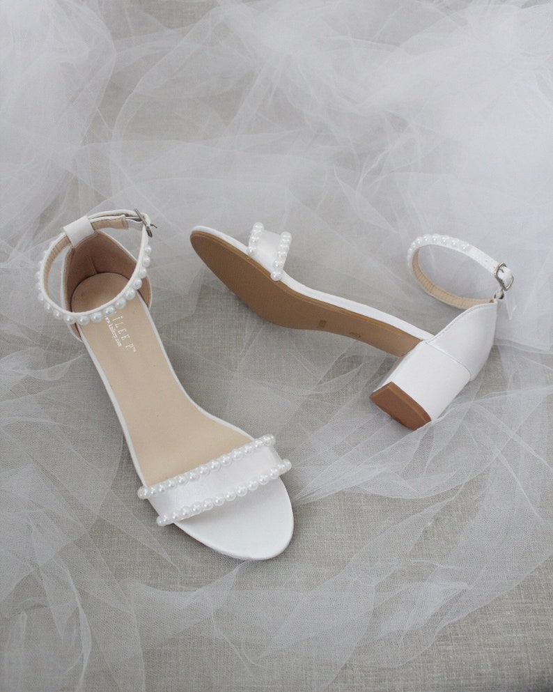 Women & Kids Shoes White Satin Block Heel Sandal with PEARLS, Women Sandals, Wedding Sandals, Flower Girls Shoes, Mommy and Mini Shoes image 3