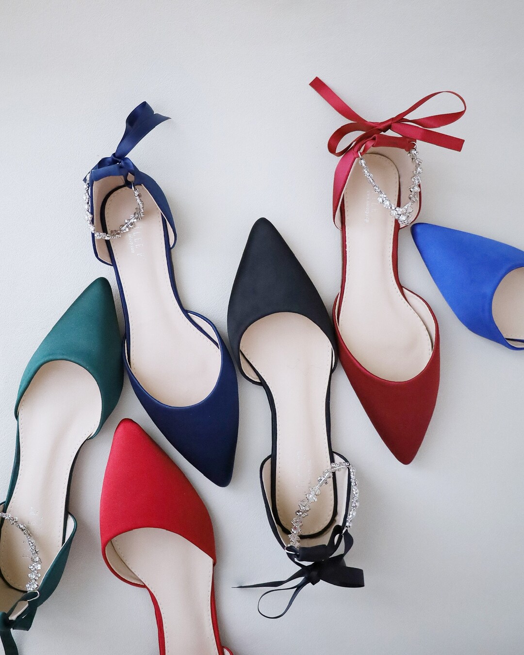 Satin Pointy Toe Flats With Amaryllis Crystal Strap, Fall Wedding Shoes