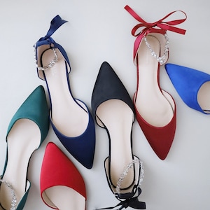 Satin Pointy Toe Flats with Amaryllis Crystal Strap, Fall Wedding Shoes, Satin Shoes, Bridal Shoes, Bridesmaids Shoes, Bridal Flats