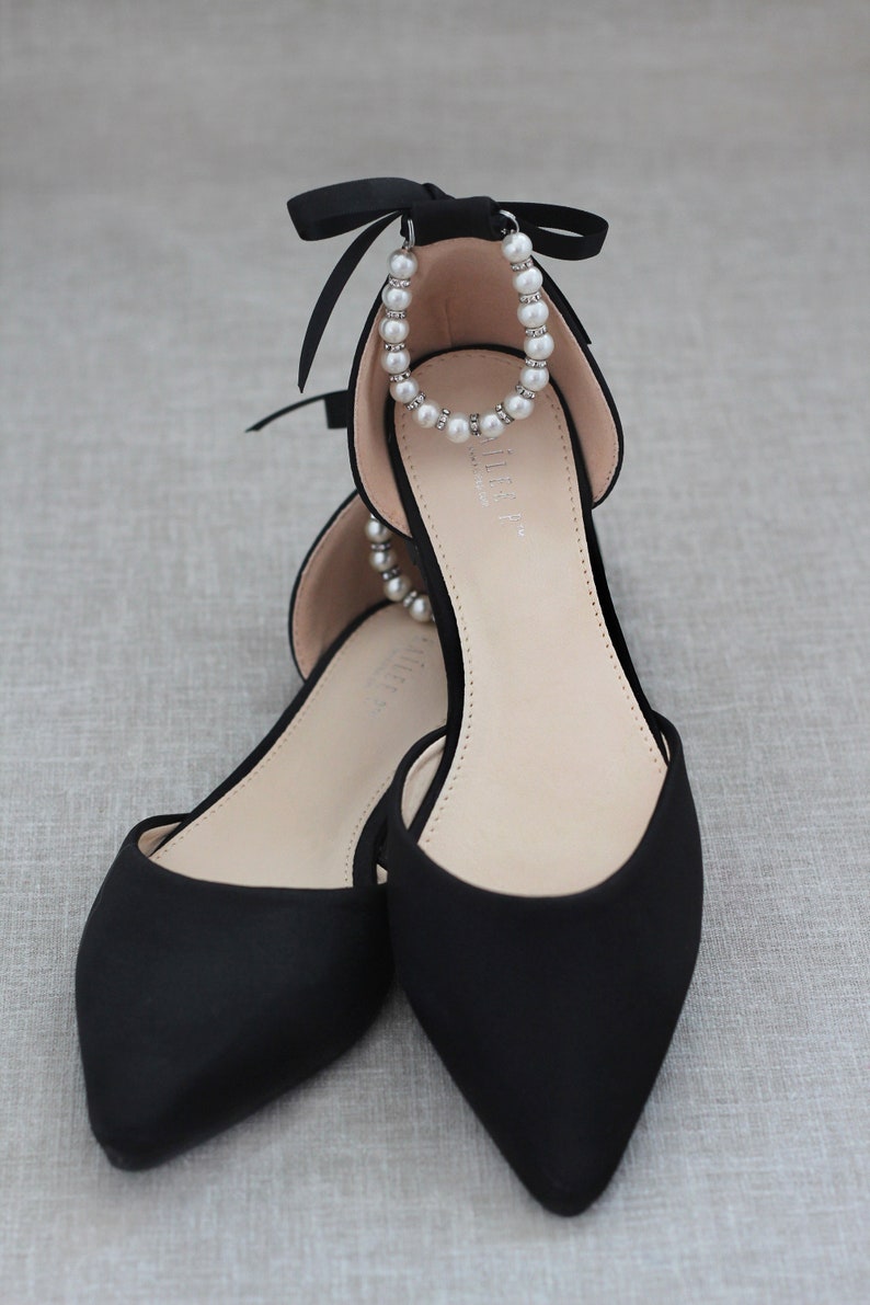 Black Satin Pointy Toe flats with PEARLS ANKLE STRAP, Fall Wedding Shoes, Bridesmaid Shoes, Black Evening Flats, Holiday Shoes image 3