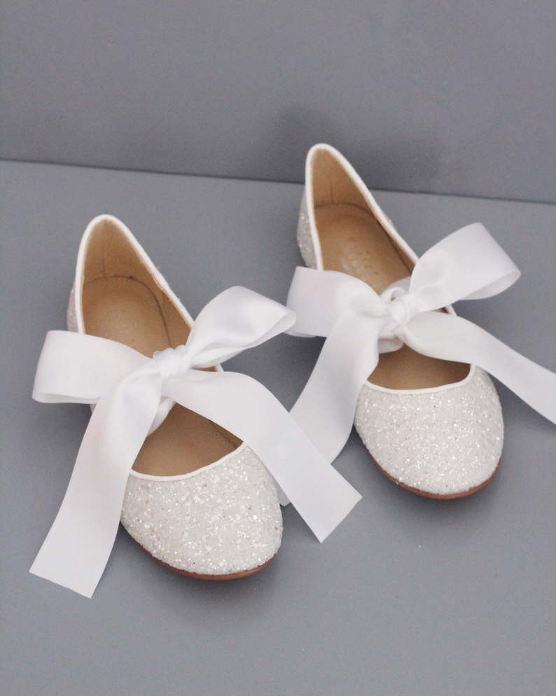 White Rock Glitter Flats with SATIN RIBBON Women White Wedding Shoes Bride Shoes, Bridesmaids Shoes, Party Shoes, Holiday Shoes image 3