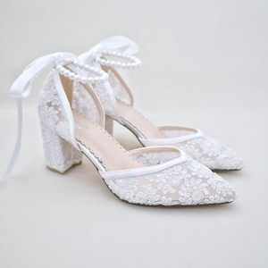 White Crochet Lace Almond Toe Block Heel with All Pearls Ankle Strap - Women Wedding Shoes, Bridesmaids Shoes, Bridal Shoes, Block Heels