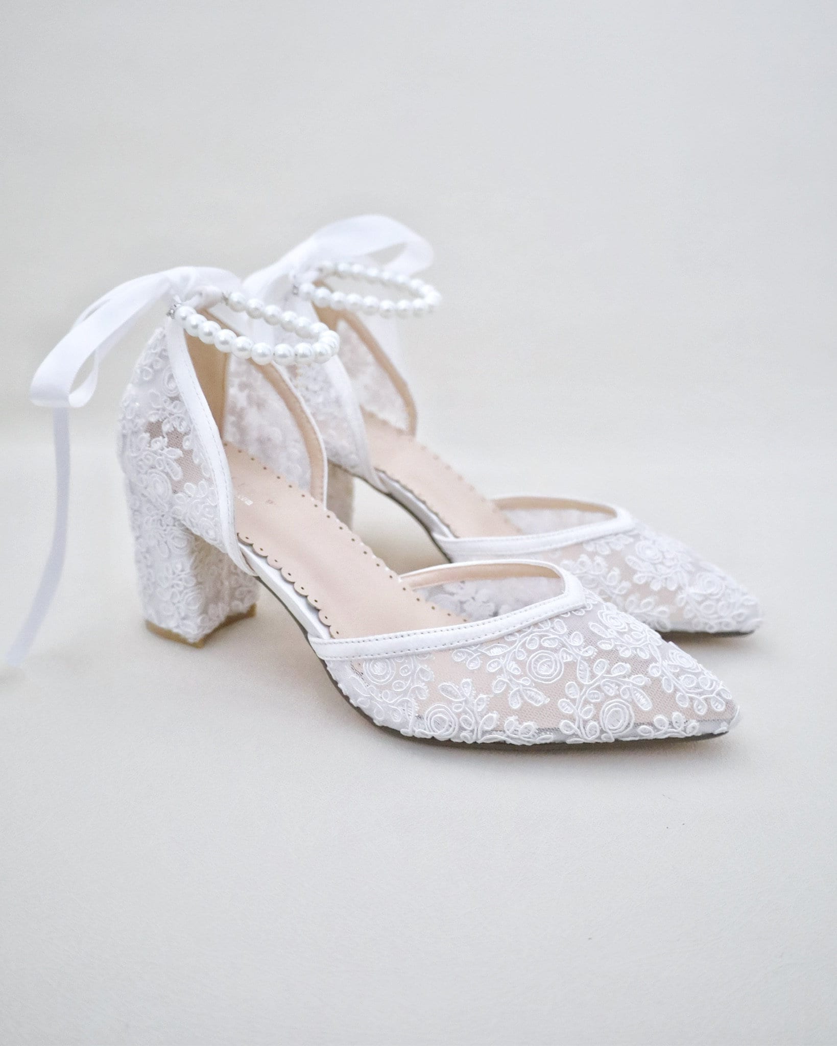 White Crochet Lace Almond Toe Block Heel with All Pearls Ankle Strap - Women Wedding Shoes, Bridesmaids Shoes, Bridal Shoes, Block Heels