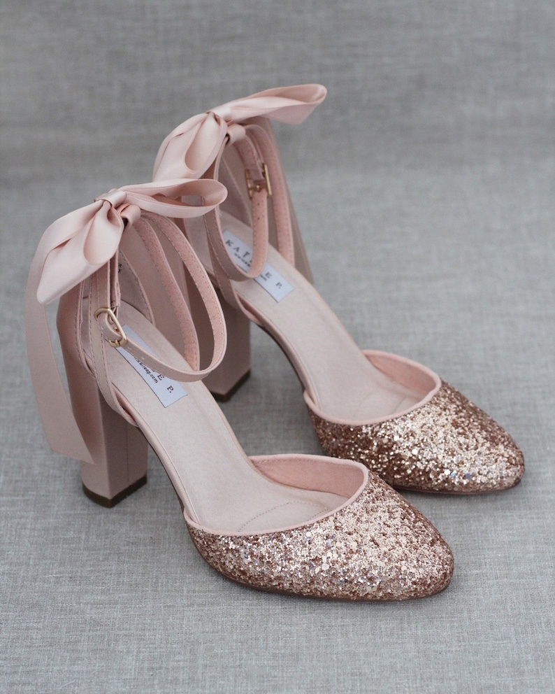 ROSE GOLD Rock Glitter Block Heel with Back Satin Bow Women | Etsy
