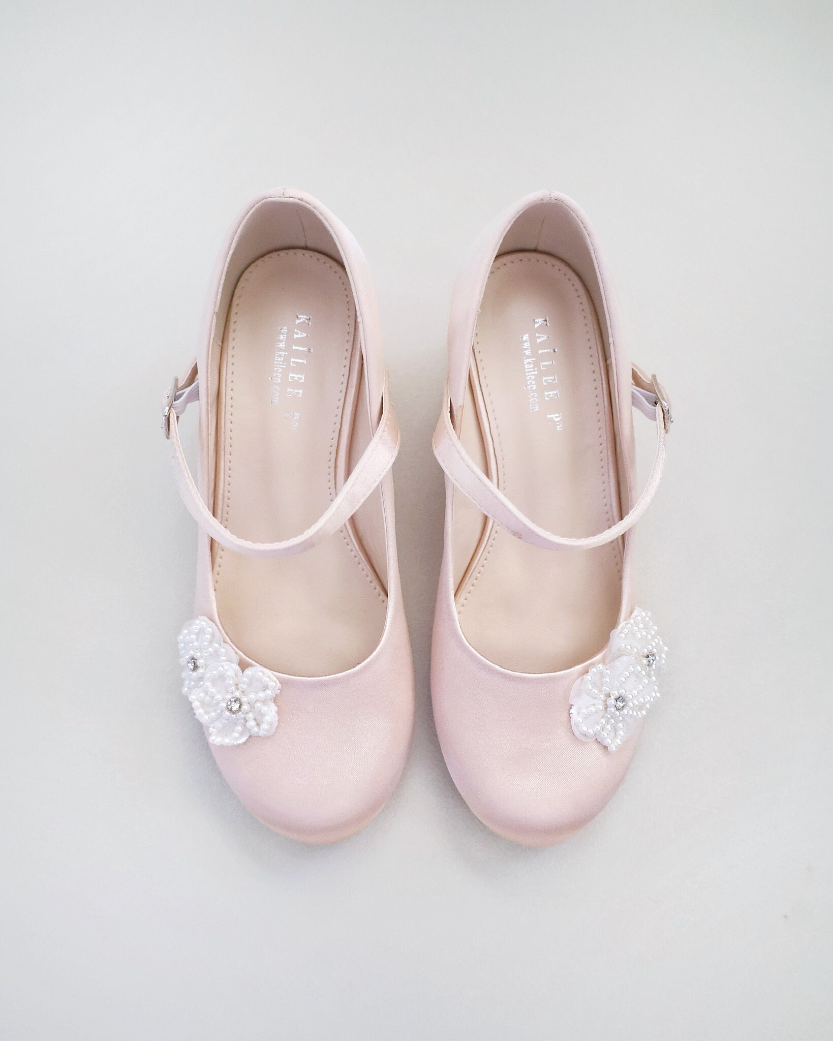 Champagne Girls Satin Mary Jane Block Heel With All Pearls Chassia ...