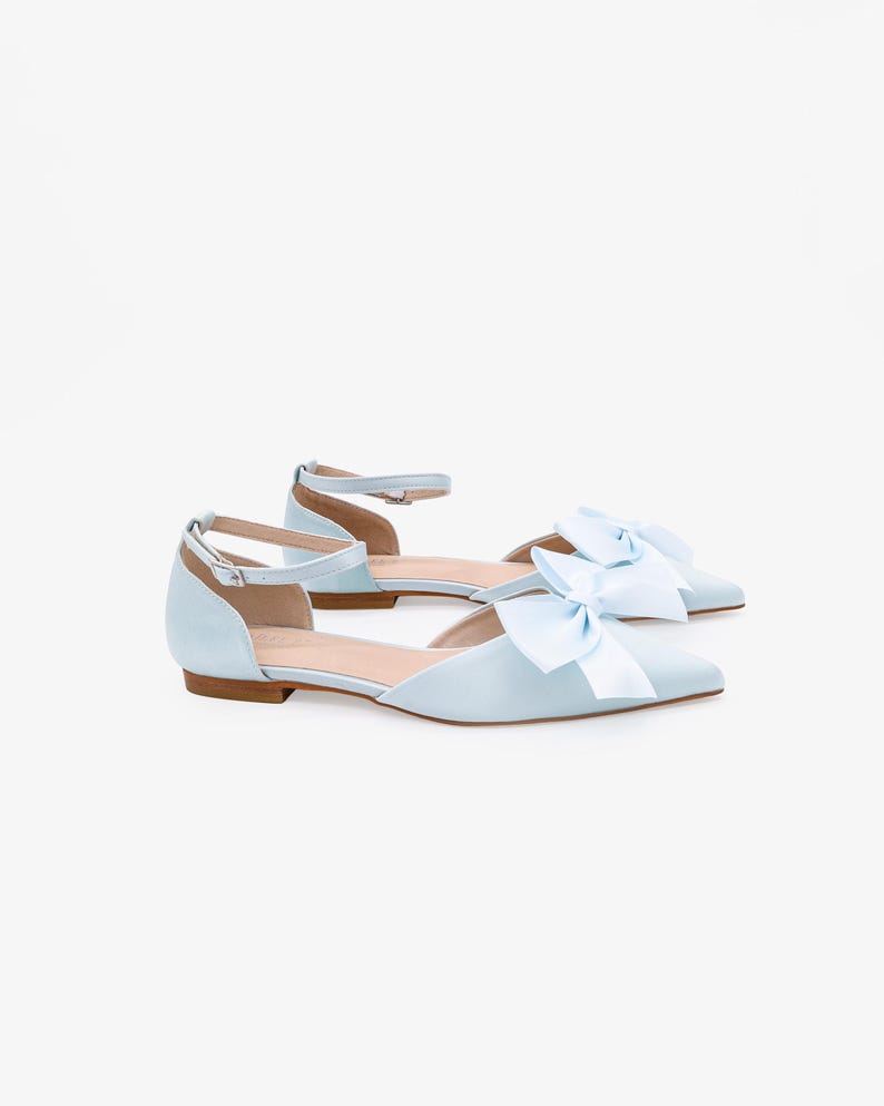 Light Blue Satin Pointy Toe Flats With Front Satin Bow, Women Wedding ...