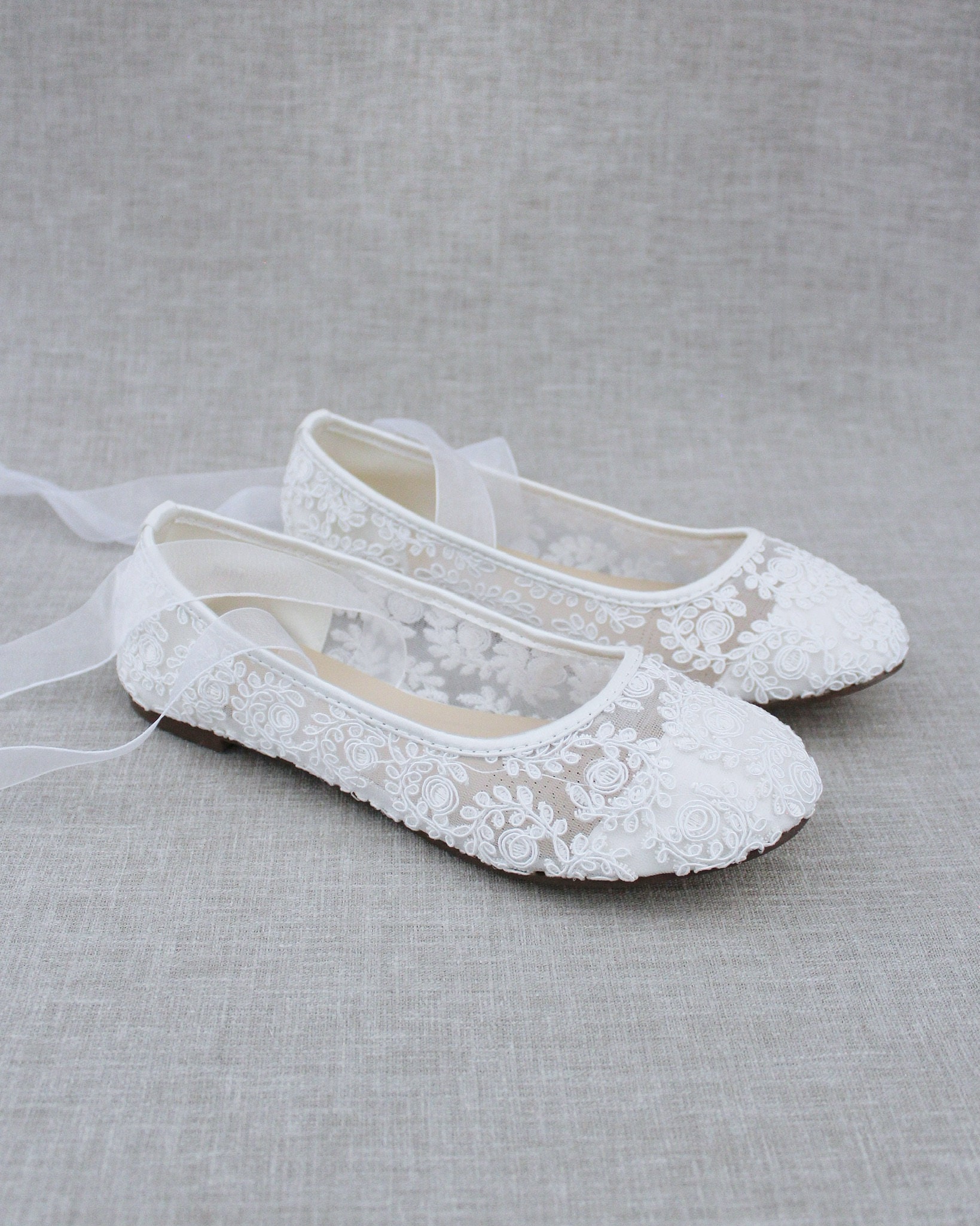 Women Wedding Shoes White Lace Round Toe BALLERINA Lace up Flats
