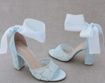 Light Blue Crochet Lace Block Heel Sandals With Wrapped Ribbon Tie