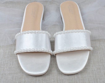 White Satin Slip on Sandals with Pearls, Bridal Sandals, Bridesmaids Sandals, Wedding Sandals