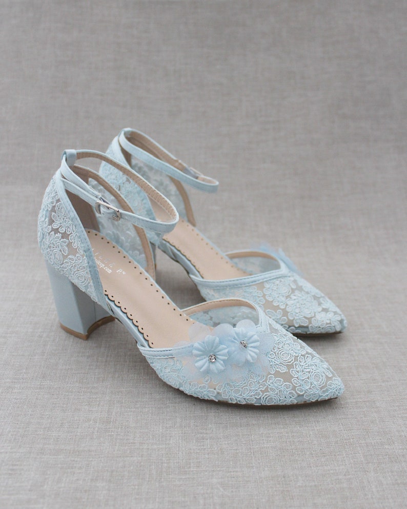 Light Blue Crochet Lace Almond Toe Block Heel With Flower - Etsy