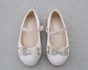 Girls Shoes | Dusty Pink Satin Mary-Jane with Fine Glitter Tuxedo Bow for Flower Girls