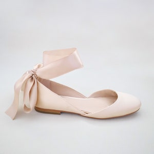 Champagne Satin Round Toe Bridal Flat with Wrapped Ribbon Tie - Bridal Shoes, Fall Wedding Shoes, Bridesmaids Shoes