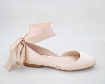 Champagne Satin Round Toe Bridal Flat with Wrapped Ribbon Tie - Bridal Shoes, Fall Wedding Shoes, Bridesmaids Shoes