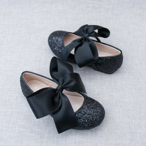 BLACK Rock Glitter Maryjane with BLACK SATIN bow Flower Girl Shoes, Holiday Party Shoes, Black Shoes, Fall Girls Shoes image 3