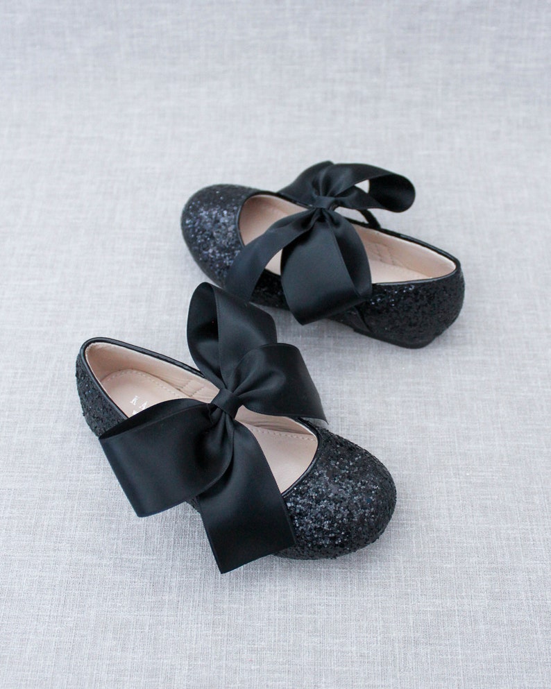 BLACK Rock Glitter Maryjane with BLACK SATIN bow Flower Girl Shoes, Holiday Party Shoes, Black Shoes, Fall Girls Shoes image 3