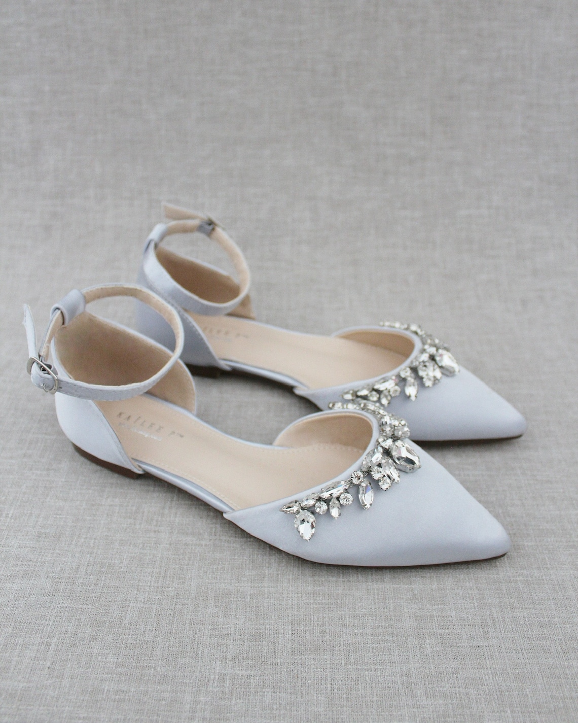 Silver Satin Pointy Toe Flats with Sparkly TEARDROP ANKLE STRAP