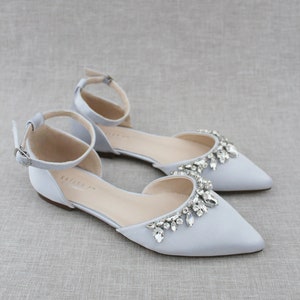 Silver Satin Pointy Toe Flats with Sparkly TEARDROP RHINESTONES, Women Wedding Shoes, Bridal Shoes, Satin Wedding Shoes, Holiday Shoes