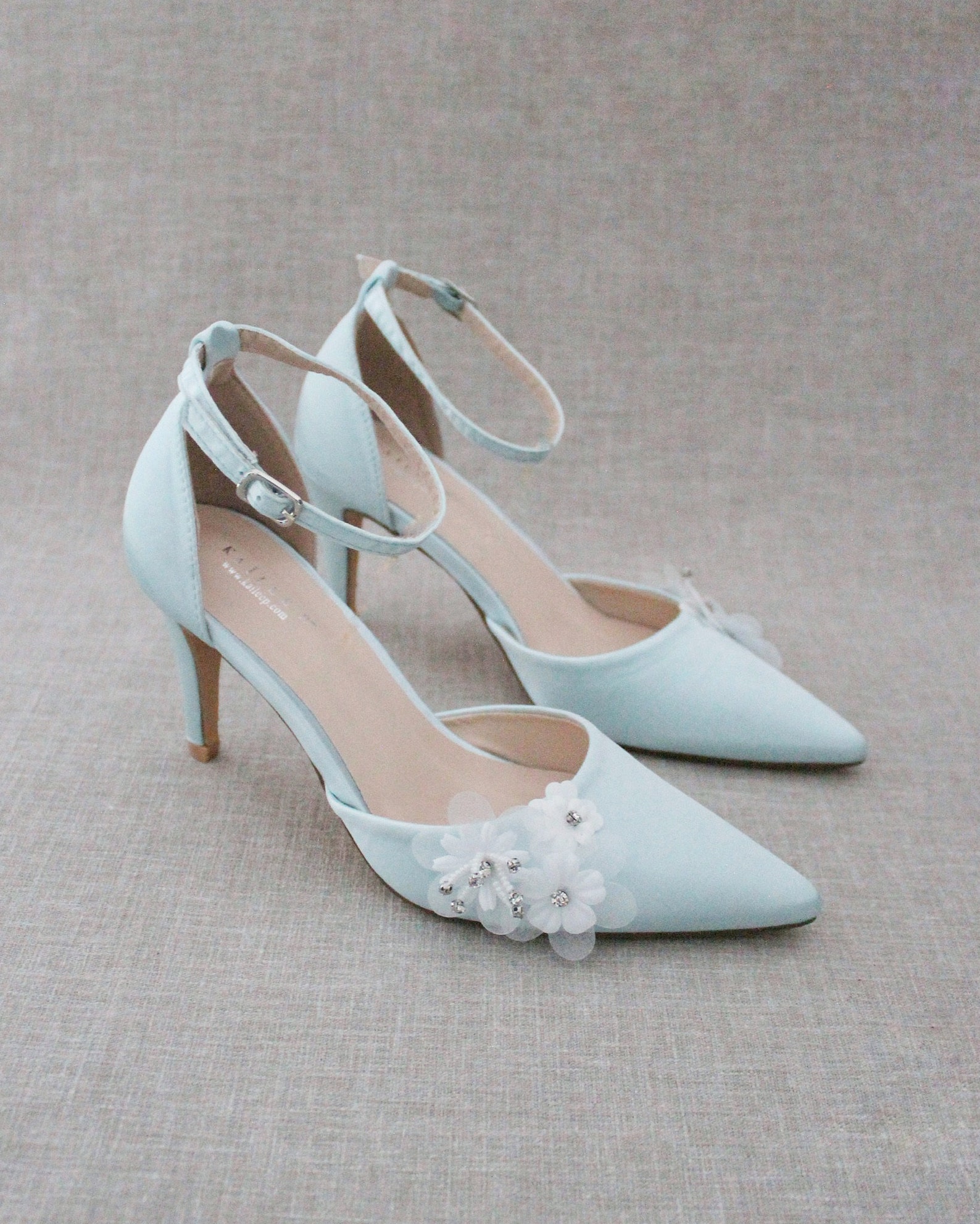 Light Blue Satin Pointy Toe Heels With WHITE FLOWER APPLIQUES - Etsy