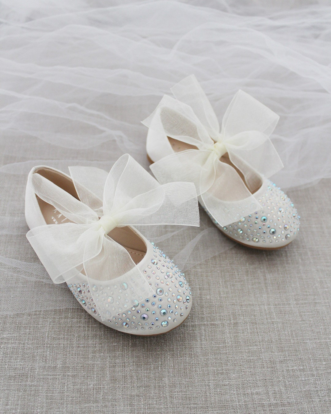 Ivory Satin Mary Jane Flats With IVORY CHIFFON BOW and Rhinestones- for ...