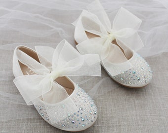 Ivory Satin Mary Jane Flats with IVORY CHIFFON BOW and Rhinestones- For flower girls shoes, baptism and christening shoes