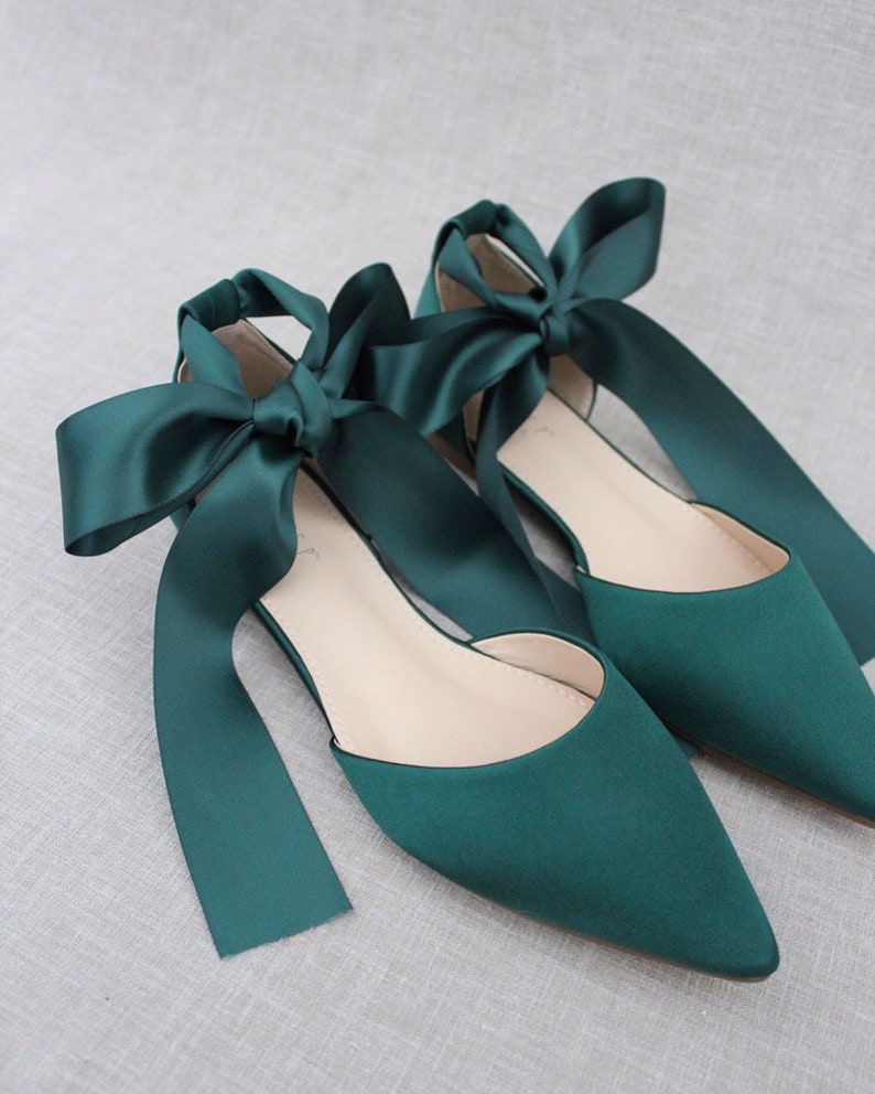 Hunter Green Satin Pointy Toe Flats With Satin ANKLE TIE or - Etsy