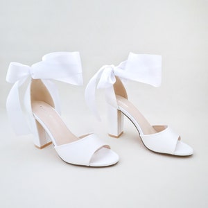 White Satin Block Heel Wedding Sandals with Wrapped Ribbon Tie - Women Wedding Shoes, Bridal Shoes, Wedding Heels