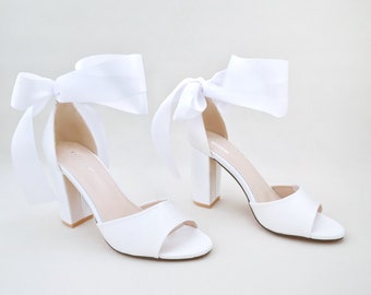 White Satin Block Heel Wedding Sandals with Wrapped Ribbon Tie - Women Wedding Shoes, Bridal Shoes, Wedding Heels