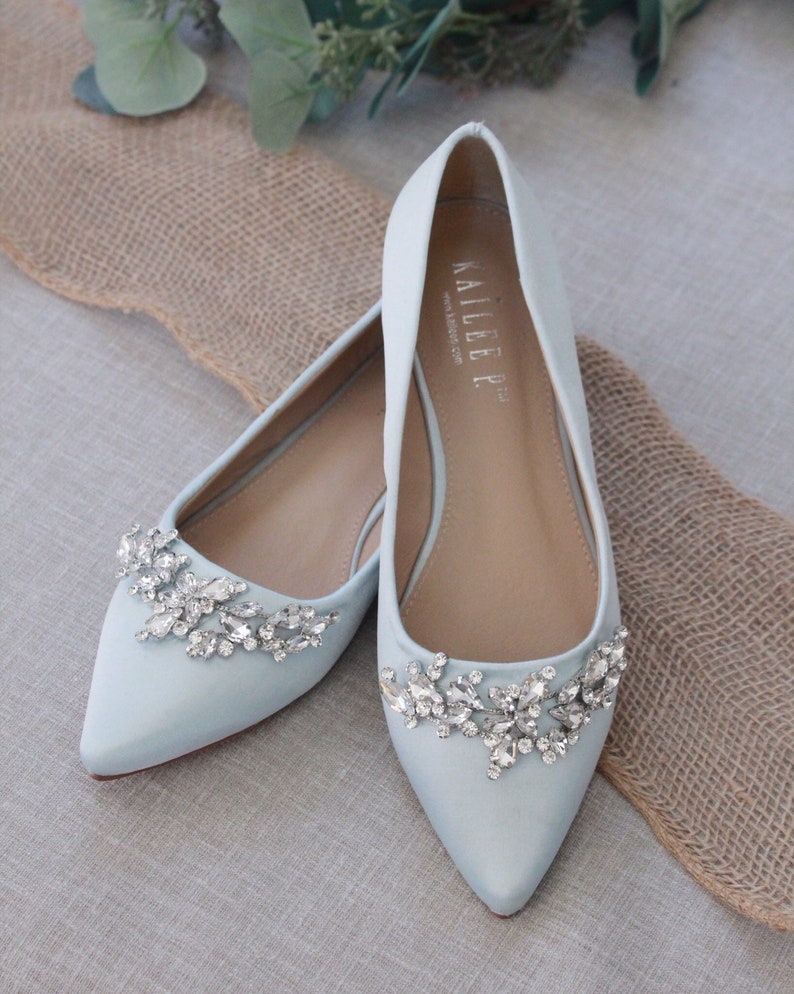 LIGHT BLUE Satin Pointy Toe flats with sparkly LEAVES image 0