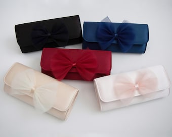 Satin Evening Clutch with Tuxedo Tulle Bow, Bridal Clutch, Bridesmaids Clutch, Wedding Accessories, Wedding Gift, Evening Clutch