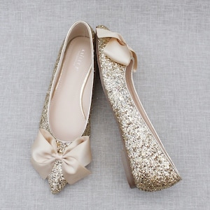 Gold Rock Glitter Pointy Toe Flats With Oversized SATIN BOW, Women ...