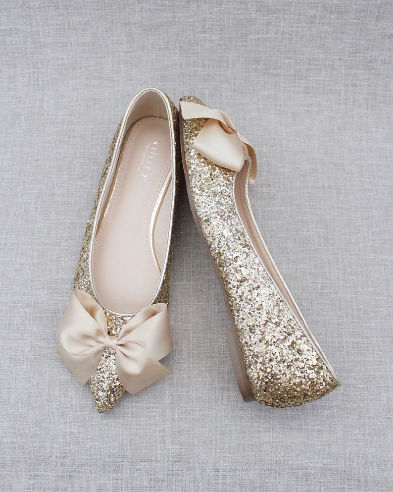 Gold Rock Glitter Pointy Toe Flats with Oversized SATIN BOW, Women Wedding Shoes, Bridesmaid Shoes, Glitter Shoes, Gold Holiday Shoes image 3