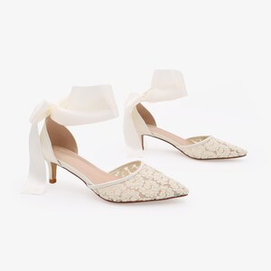 Ivory Crochet Lace Pointy Toe Wedding Low Heels with Wrapped Ankle Tie, Bridal Shoes, Bridal Low Heels, Kitten Heels image 2