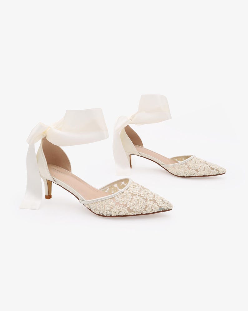 Ivory Crochet Lace Pointy Toe Wedding Low Heels with Wrapped Ankle Tie, Bridal Shoes, Bridal Low Heels, Kitten Heels image 2