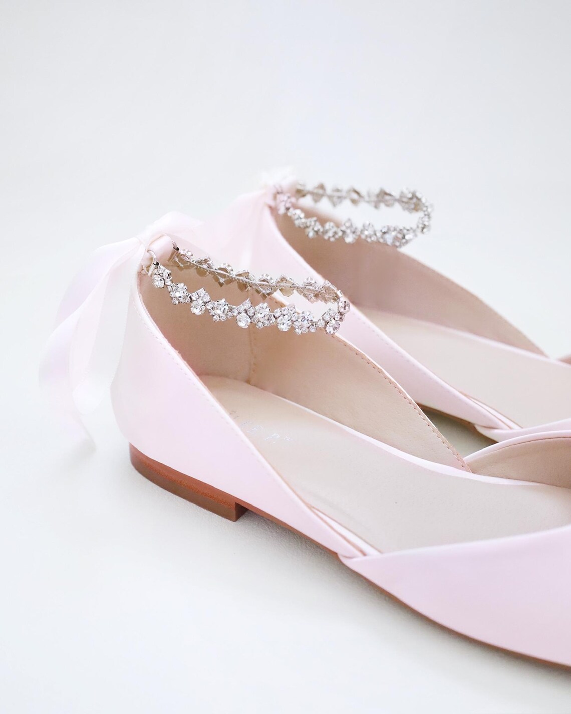 Dusty Pink Satin Round Toe Evening Flat With Amaryllis Strap, Wedding ...
