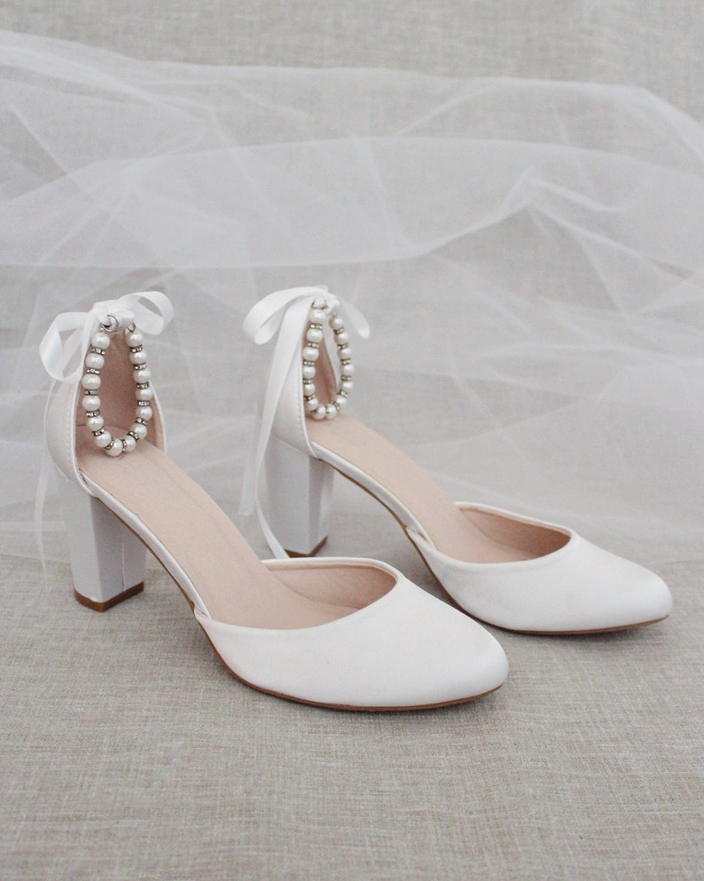 White Satin Block Heel With Pearls Ankle Strap Women Wedding Etsy