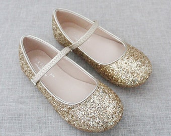 Chaussures plates Mary Jane à paillettes dorées pour l'automne Chaussures fille fleur, chaussures fille, chaussures de vacances, chaussures de soirée