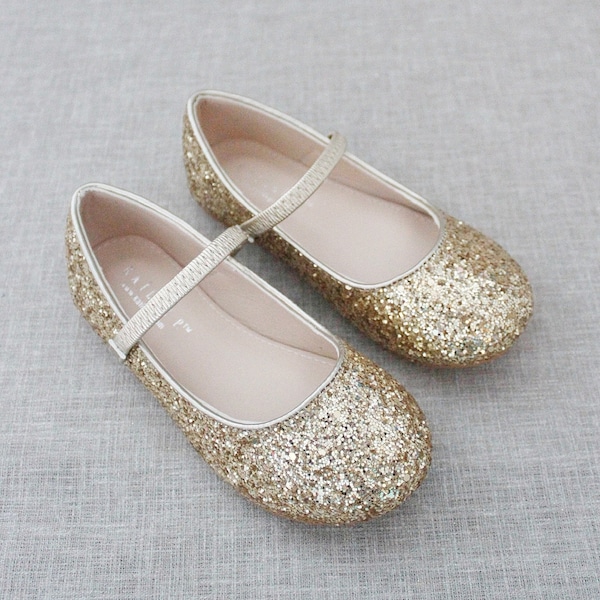 Gold Rock Glitter Mary Jane Flats for Fall Flower Girls Shoes, Girls Shoes, Holiday Shoes, Party Shoes