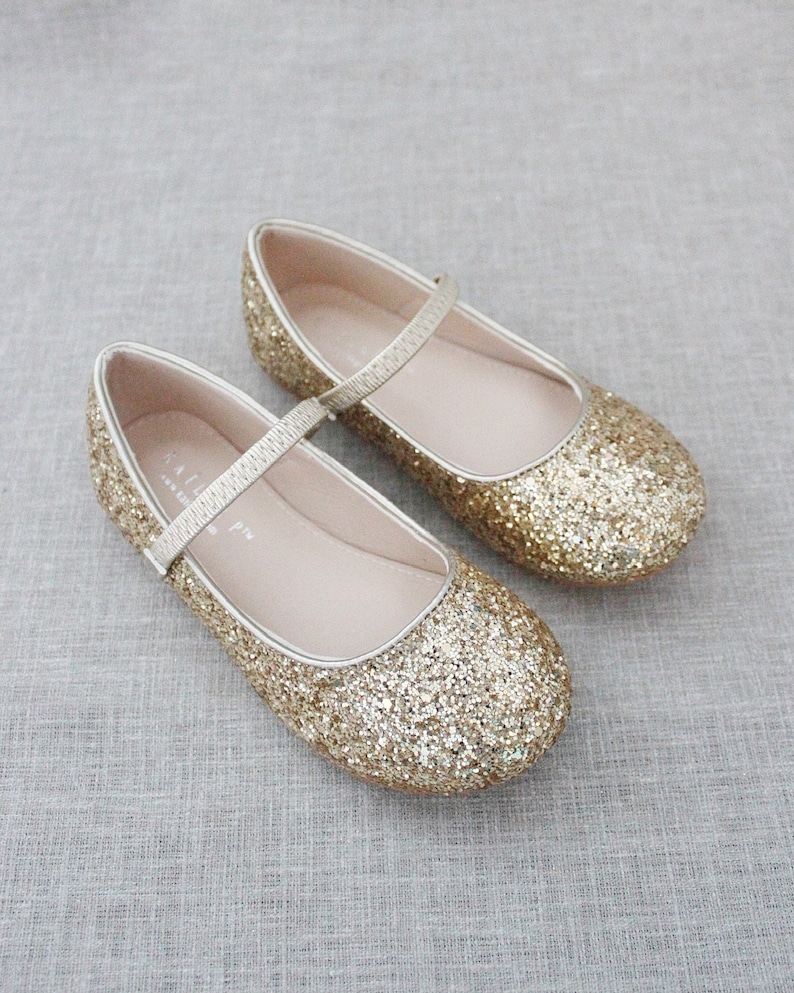 Gold Rock Glitter Mary Jane Flats for Fall Flower Girls Shoes, Girls Shoes, Holiday Shoes, Party Shoes image 1