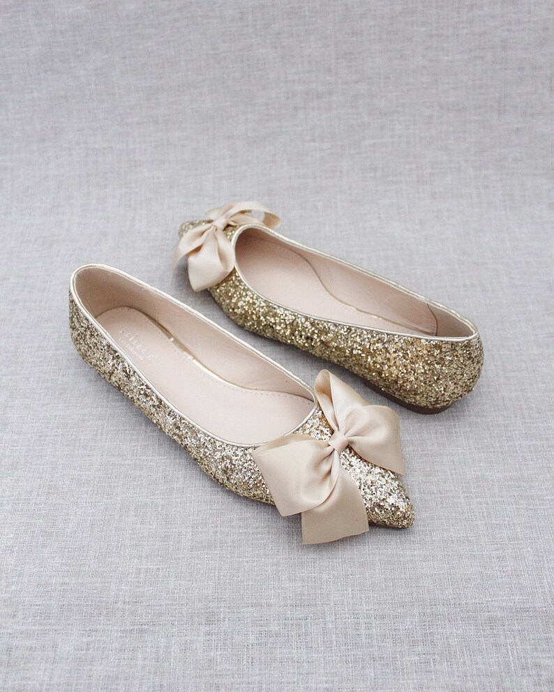 Gold Rock Glitter Pointy Toe Flats with Oversized SATIN BOW, Women Wedding Shoes, Bridesmaid Shoes, Glitter Shoes, Gold Holiday Shoes image 6