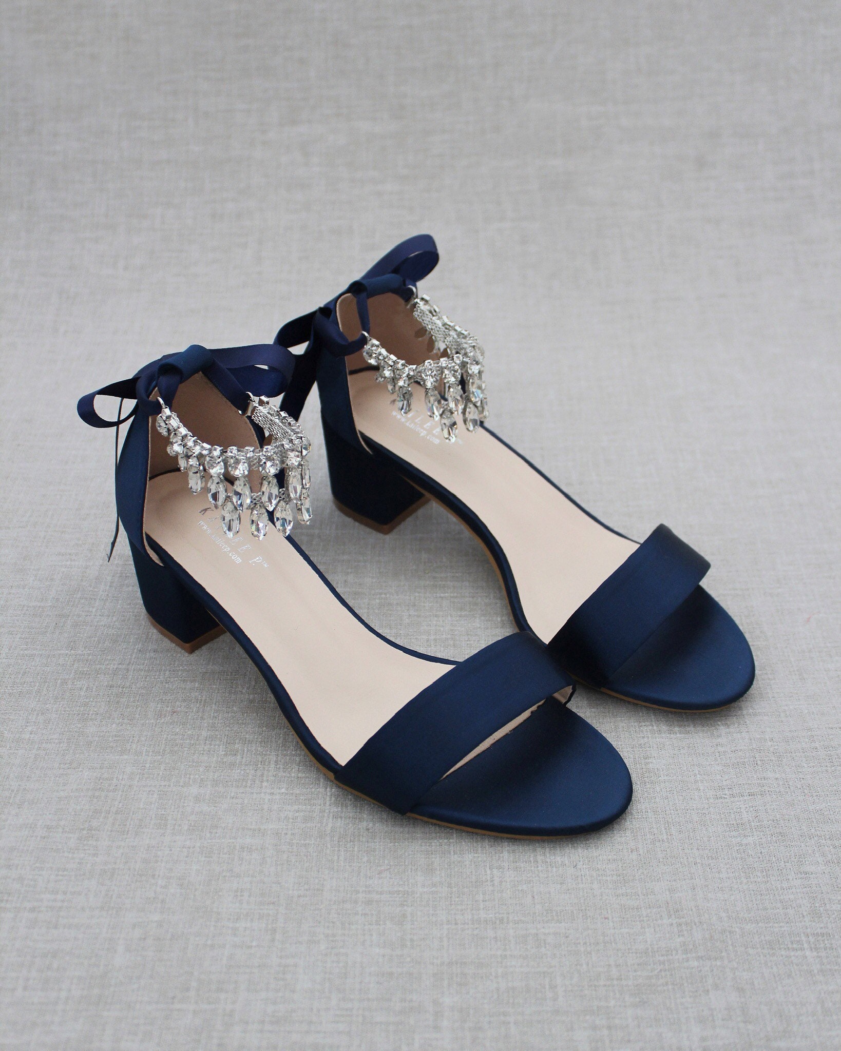 navy satin block heels